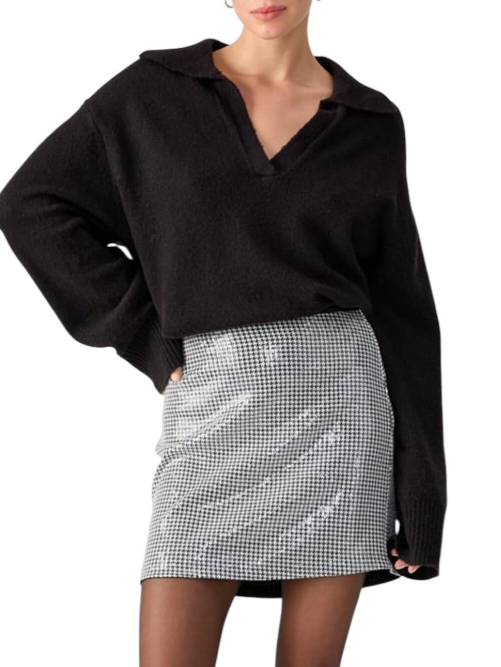 Sanctuary Houndstooth Sequin Mini Skirt Black White